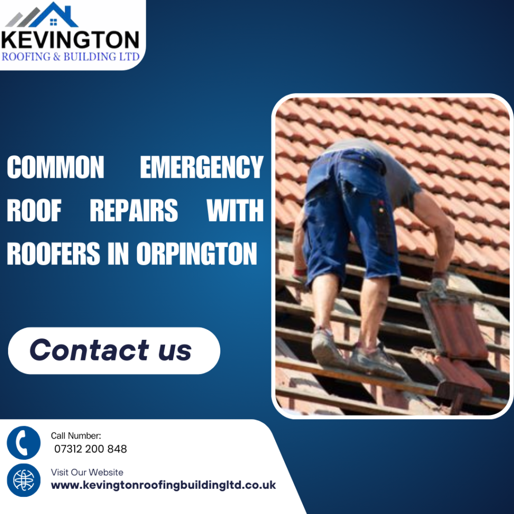 A roofer repairing a roof with tiles on a house, promoting common emergency roof repairs in Orpington by Kevington Roofing and Building LTD.